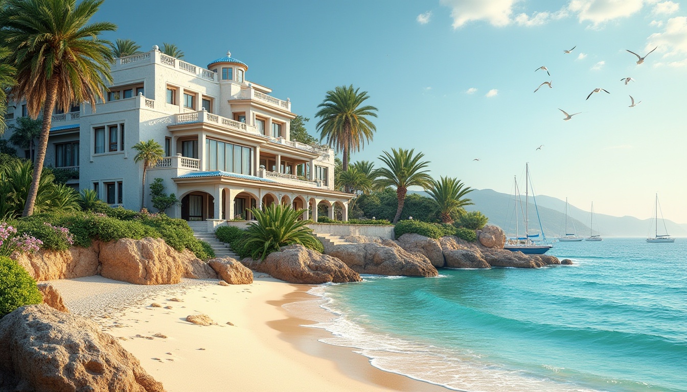 Prompt: Beachside villa, Coastal Renaissance style, Mediterranean architecture, white stone walls, curved lines, ornate balconies, blue domes, lush greenery, tropical plants, palm trees, exotic flowers, warm sandy beach, clear turquoise water, sailboats docked, seagulls flying overhead, sunny afternoon, soft golden light, 3/4 composition, shallow depth of field, ambient lighting, cinematic atmosphere.