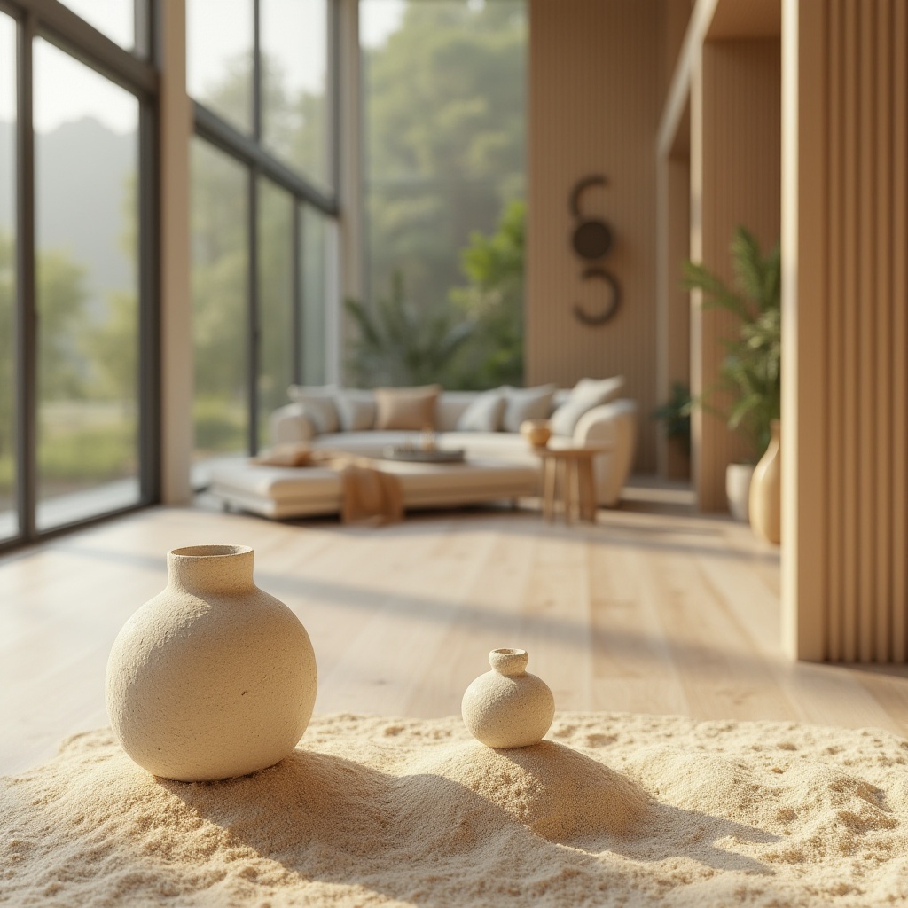 Prompt: Sand material, design element, natural texture, beige color, rough surface, organic shape, decorative vase, modern living room, floor-to-ceiling windows, minimalist furniture, soft afternoon light, warm atmosphere, 3/4 composition, shallow depth of field, blurred background, realistic rendering.