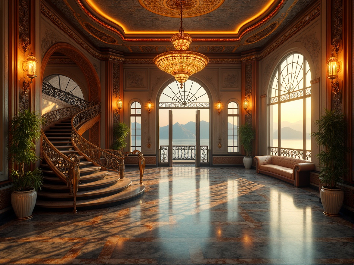 Prompt: Riverbank hospital, Art Deco style, luxurious interior, geometric patterns, metallic materials, ornate decorations, elegant chandeliers, grand staircase, polished marble floor, intricate mosaics, symmetrical composition, warm golden lighting, 1920s inspired, ornate ironwork, lavish furnishings, rich textures, majestic architecture, scenic river view, sunset reflection on the water.