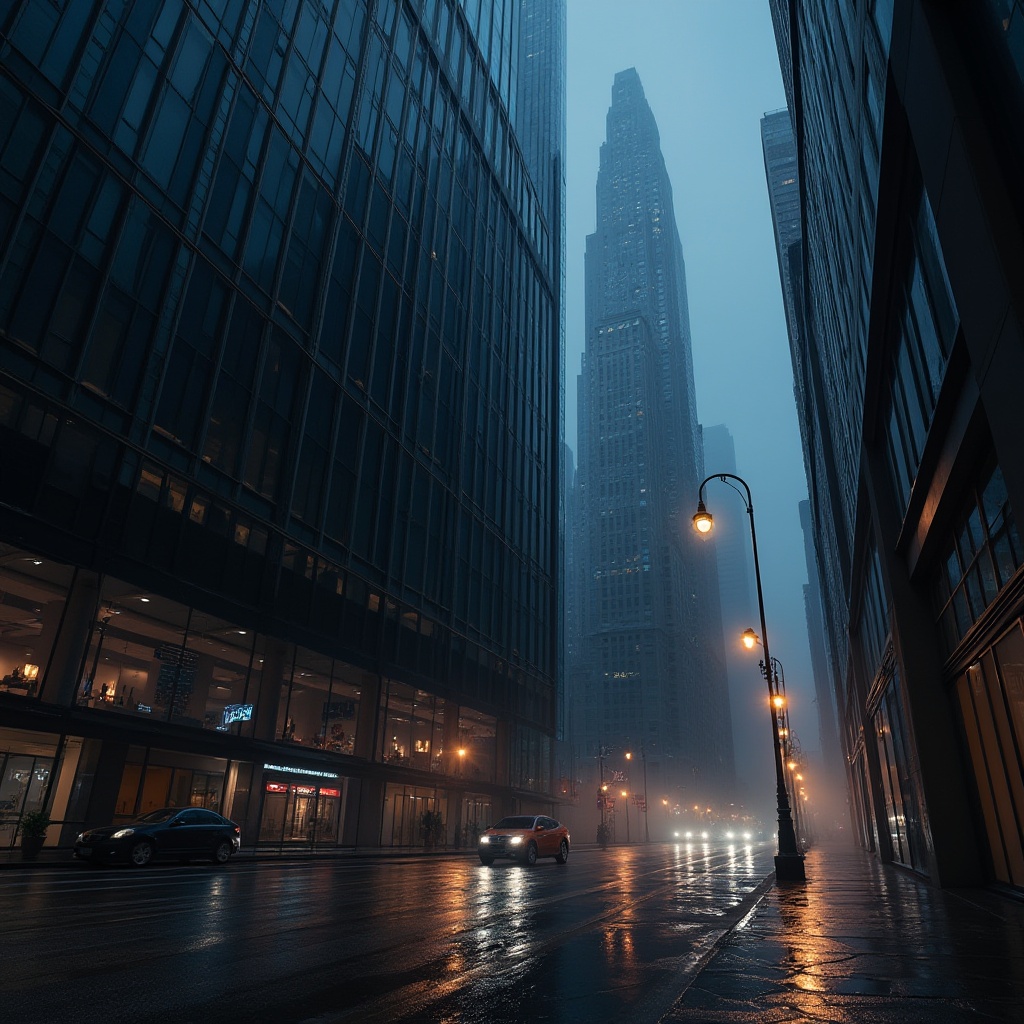 Prompt: Dark urban skyscraper, modern cityscape, black glass facade, metallic frames, sharp angles, sleek lines, night scene, city lights reflection, wet asphalt road, modern street lamps, rainy mood, foggy atmosphere, misty background, dramatic shadows, high contrast lighting, cinematic composition, wide-angle lens.