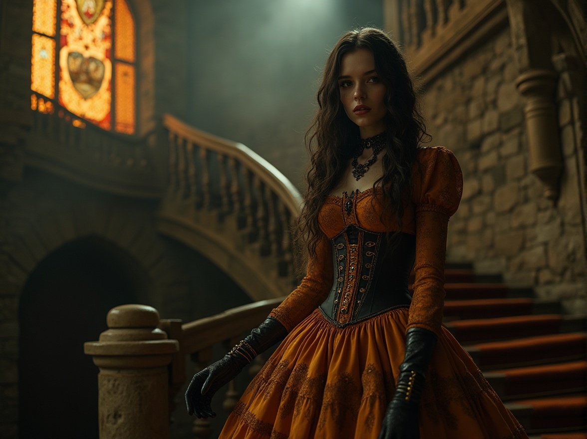 Prompt: Dark, mysterious Ocher color palette, gothic design inspiration, luxurious velvet texture, intricate lace details, ornate metal accessories, dimly lit, abandoned castle interior, mysterious woman, long curly hair, pale skin, dark eye makeup, red lips, Victorian-era inspired clothing, tight corset, full skirt, fishnet stockings, leather boots, grand staircase, stone walls, stained glass windows, foggy atmosphere, misty lighting, cinematic composition, 3/4 view.