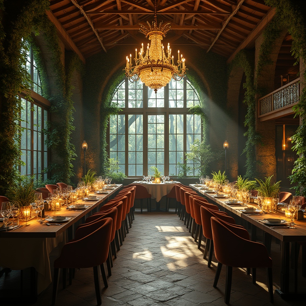 Prompt: Forest-inspired dining hall, grand chandelier, wooden ceiling, vines entwined columns, moss-covered stone walls, floor-to-ceiling windows, natural light pouring in, lush greenery surrounding, rustic wooden tables, velvet chairs, golden cutlery, fine china, crystal glasses, warm candlelight, soft instrumental background music, gentle forest breeze sound effects, misty atmosphere, morning dew droplets on the leaves, 3/4 composition, cinematic lighting, depth of field.