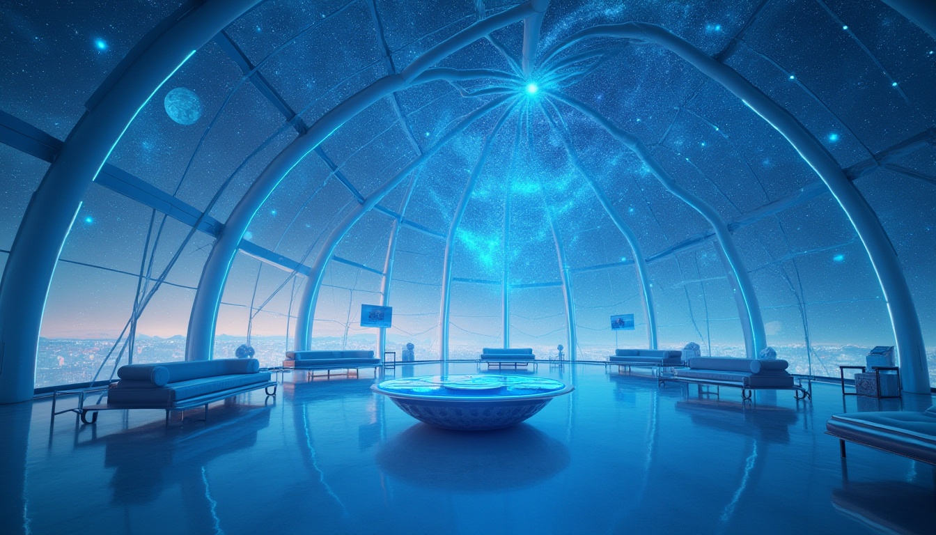 Prompt: Futuristic planetarium interior, polycarbonate dome ceiling, transparent walls, starry night sky projection, soft blue ambient lighting, modern minimalist furniture, sleek lines, low-poly aesthetic, shiny metal accents, glass tables, ergonomic chairs, interactive exhibits, holographic displays, spherical screens, atmospheric fog effect, distant cityscape view, 3/4 composition, wide-angle lens, cinematic depth of field.