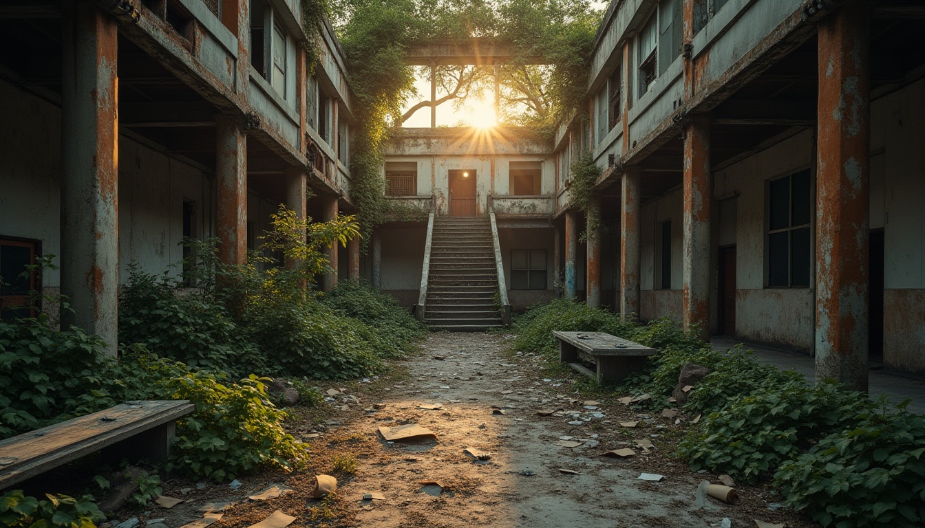 Prompt: Deconstructivist architecture, abandoned community center, broken columns, shattered glass, worn-out concrete walls, rusty metal beams, ivy-covered rubble, dimly lit interior, old wooden benches, scattered papers, forgotten memories, overgrown gardens, crumbling stairs, eerie atmosphere, warm sunset light, cinematic composition, 3/4 view, Dutch angle shot.