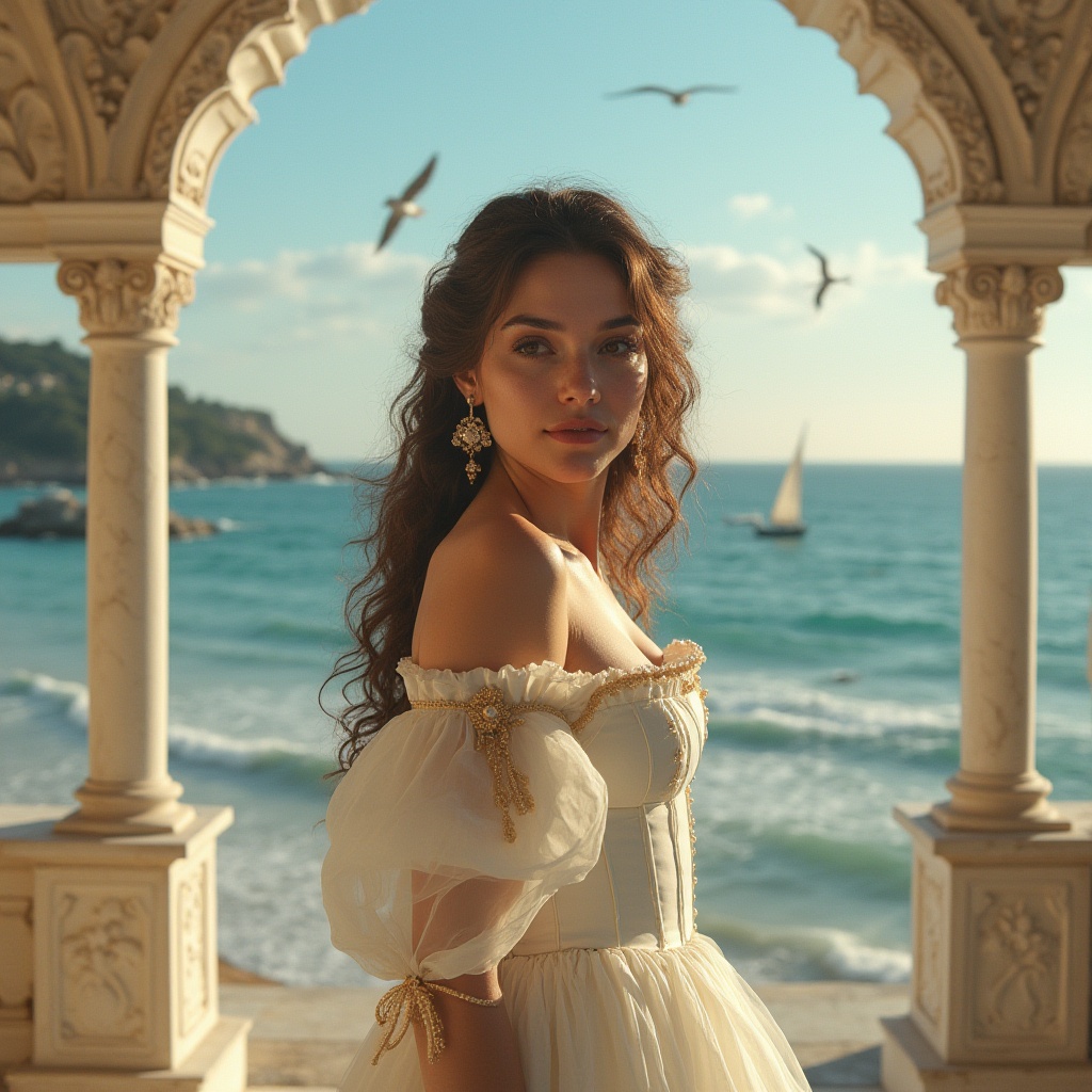 Prompt: Elegant lady, Renaissance style, solo, (25yo), curly brown hair, adorned with pearl accessories, soft blush, subtle makeup, white corset, puffy sleeves, long flowing skirt, golden brooch, standing, coastal scenery, Mediterranean villa, marble columns, intricate stone carvings, turquoise ocean waves, sailboats in the distance, seagulls flying overhead, warm sunlight, soft focus, 3/4 composition, atmospheric perspective, cinematic lighting, high dynamic range.