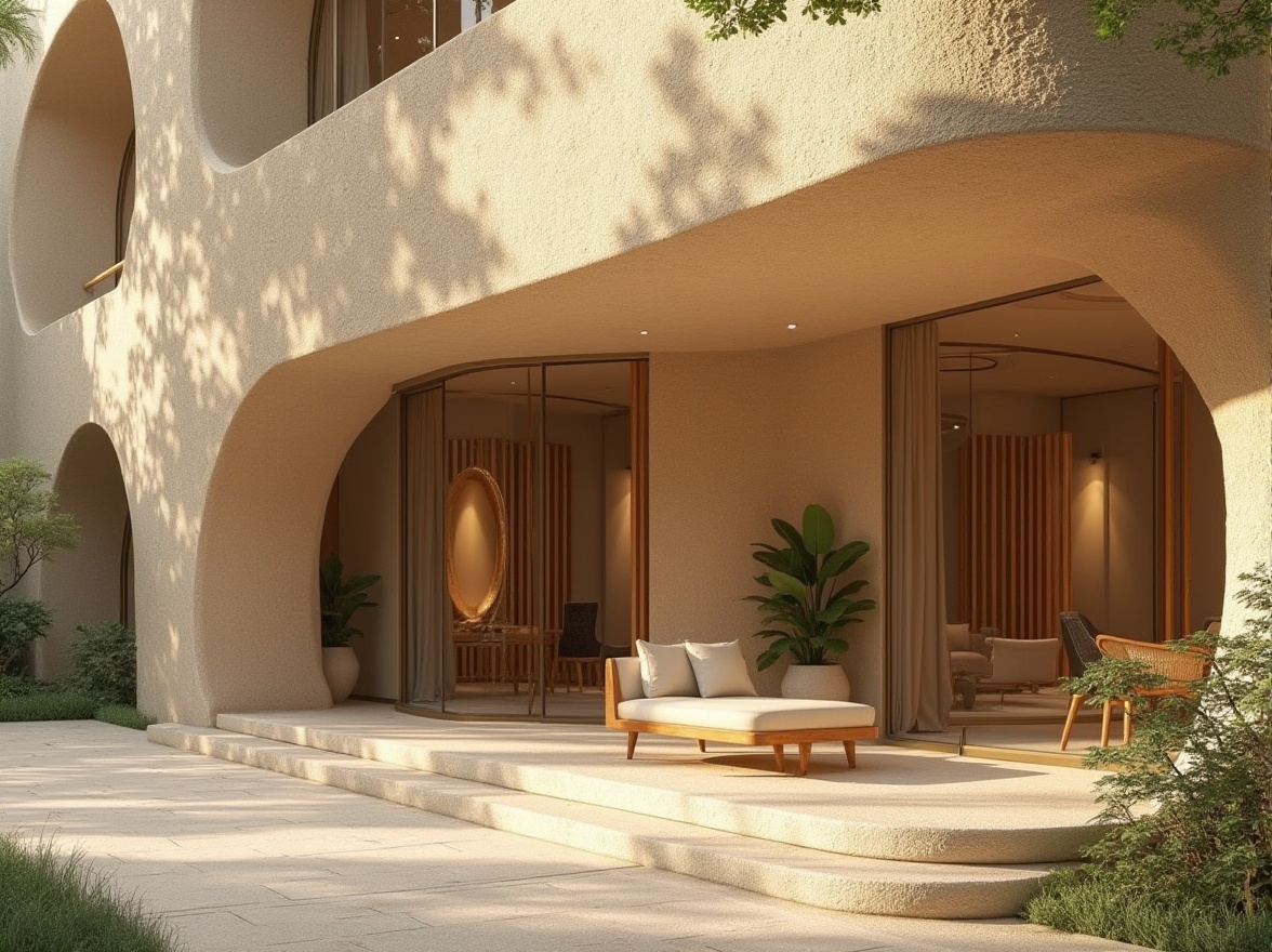 Prompt: Sand-casted building, modern architecture, sustainable materials, eco-friendly, textured facade, rough stone-like surface, warm beige color, intricate patterns, ornate details, grand entrance, large glass windows, natural light, minimalist interior, wooden furniture, greenery, indoor plants, calm atmosphere, morning sunlight, soft shadows, 3/4 composition, subtle lighting.