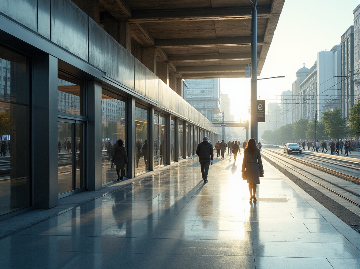 Prompt: Modern tram station, International Style, minimalist architecture, clean lines, rectangular shapes, large glass windows, steel frames, sleek floors, simple signage, futuristic atmosphere, cityscape, urban landscape, busy streets, people walking, morning light, soft shadows, 3/4 composition, symmetrical framing, high-angle shot, shallow depth of field, vibrant colors, metallic texture, concrete structure.