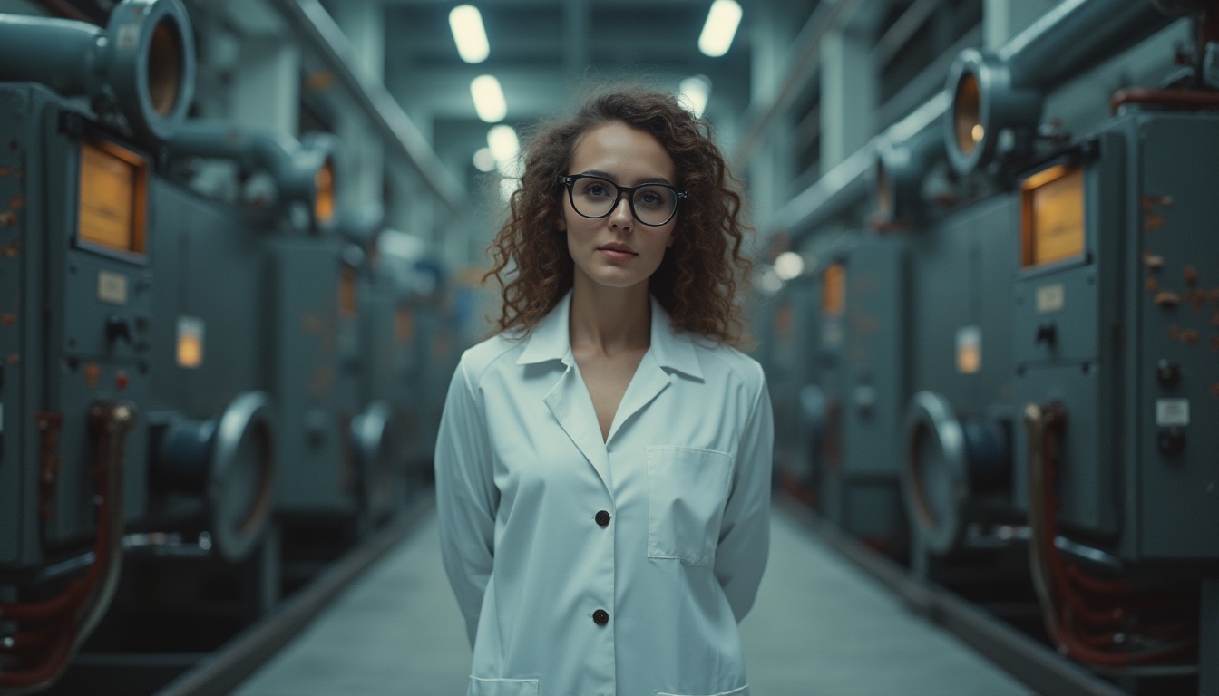 Prompt: industrial factory, academic style, mature lady, white lab coat, black-rimmed glasses, curly brown hair, subtle makeup, elegant posture, hands behind back, standing, metal pipes, concrete floor, large machinery, steam valves, control panels, softbox lighting, shallow depth of field, cinematic composition, high contrast ratio, realistic textures.