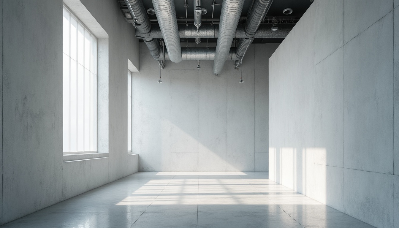 Prompt: Modern building, urban landscape, white plastered concrete wall, clean lines, minimalist structure, brutalist architecture, rectangular windows, steel beams, industrial pipes, sleek flooring, spotlights, 3/4 composition, low-angle shot, dramatic shadows, high-contrast lighting.