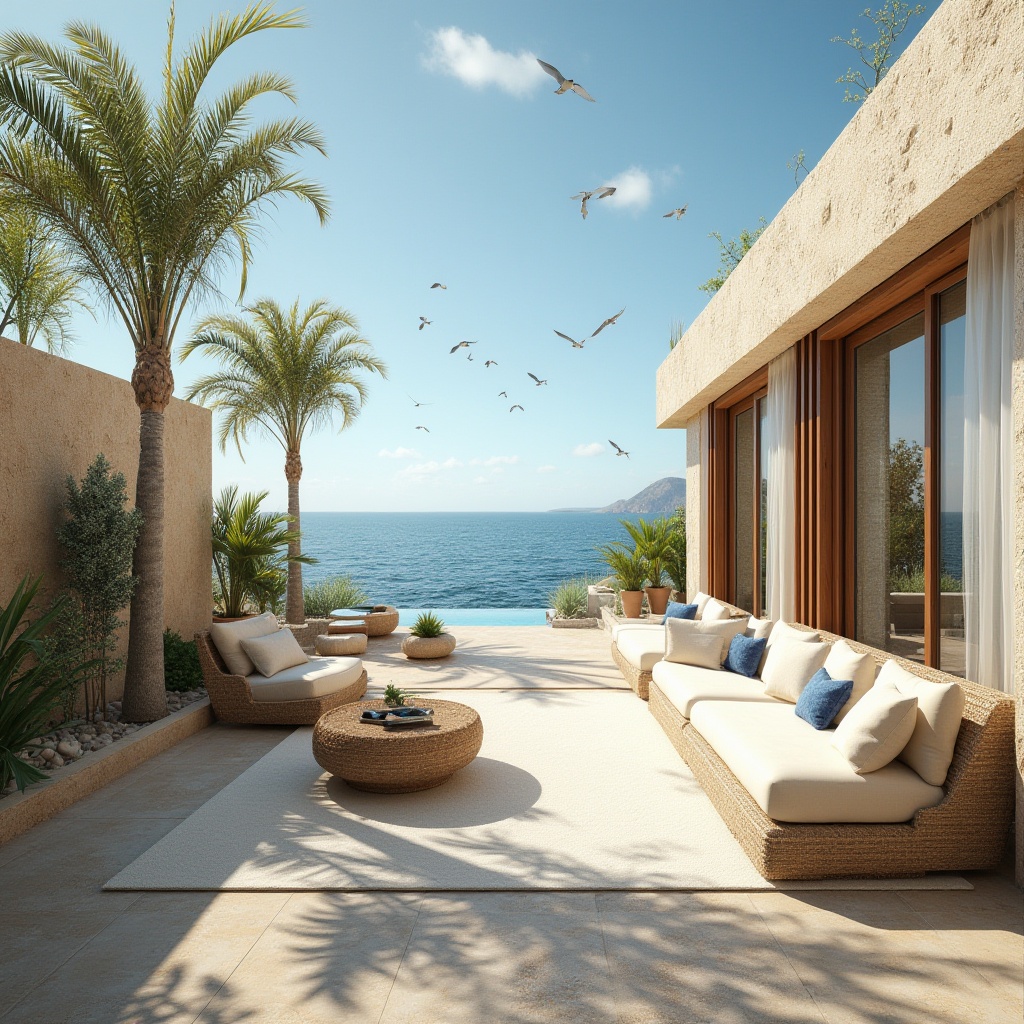 Prompt: Coastal architecture, beach house, modern villa, sandstone exterior walls, rough texture, beige color, natural material, ocean views, large windows, sliding glass doors, minimalist interior design, wooden accents, soft cream-colored sofas, woven rattan armchairs, potted palms, tropical plants, blue and white nautical theme, warm sunny day, clear blue sky, seagulls flying overhead, gentle sea breeze, panoramic view of the coastline, 3/4 composition, natural lighting, HDR effect.