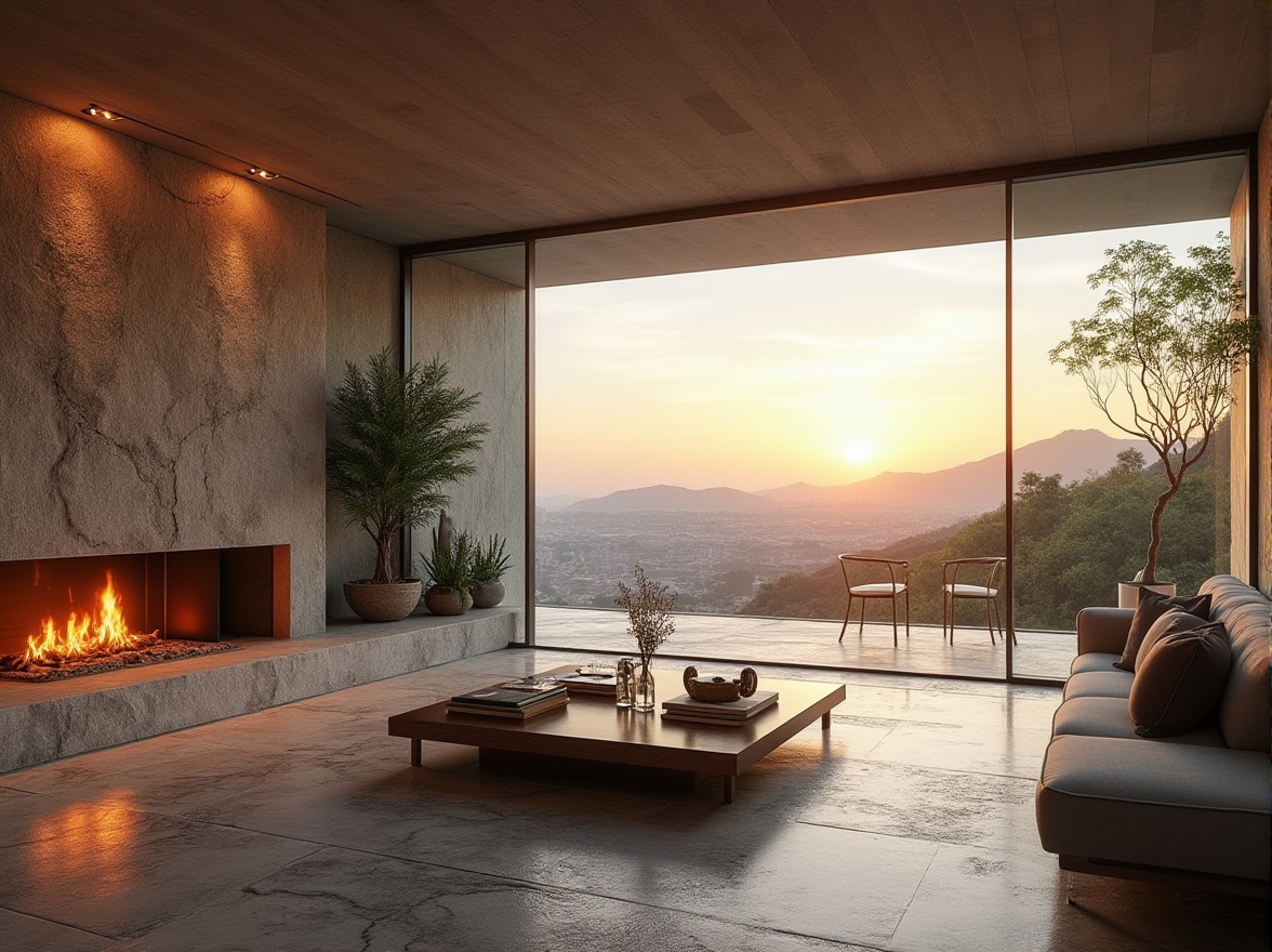 Prompt: Granite material, luxurious interior design, modern villa, spacious living room, warm ambient lighting, natural texture, rough stone wall, polished granite floor, sleek coffee table, minimalist decor, comfortable couch, green plants, large windows, cityscape view, afternoon sun, cinematic composition, high contrast, detailed render.