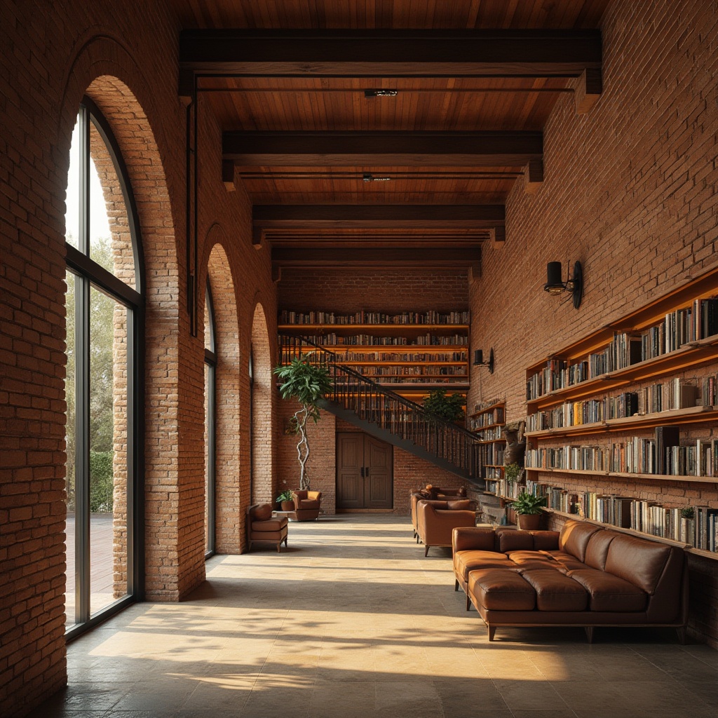 Prompt: Brick material, library design, modern architecture, interior wall, bookshelves, reading area, warm lighting, natural texture, earthy tone, rustic charm, geometric pattern, arches, columns, grand entrance, staircase, wooden accents, leather furniture, cozy atmosphere, soft focus, shallow depth of field, 3/4 composition, morning light, cinematic mood.