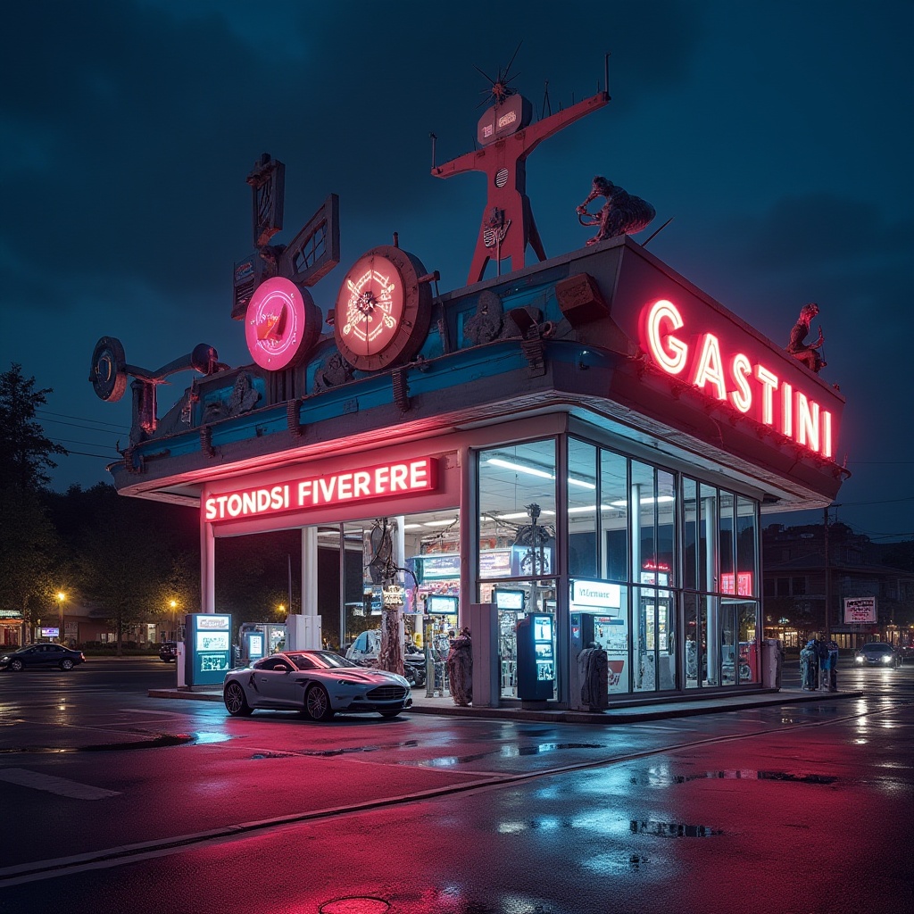 Prompt: Postmodern gas station, futuristic neon lights, irregular geometric shapes, bold vibrant colors, abstract sculptures, eclectic mix of materials, steel beams, glass façade, concrete walls, retro-futuristic fuel pumps, sleek sports cars, urban cityscape, busy highway intersection, dramatic night lighting, low-angle shot, cinematic composition, HDR, fish eye lens.