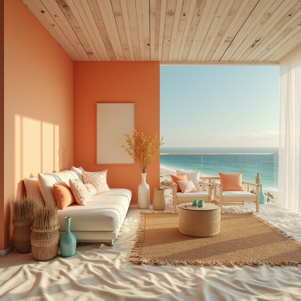 Prompt: Beach modernism, tangerine accent wall, cream-colored sand, driftwood furniture, woven sea grass baskets, jute rug, natural linen curtains, turquoise glass vases, coral-patterned throw pillows, white washed wood ceiling, soft warm lighting, coastal panoramic view, serene atmosphere, gentle ocean breeze.