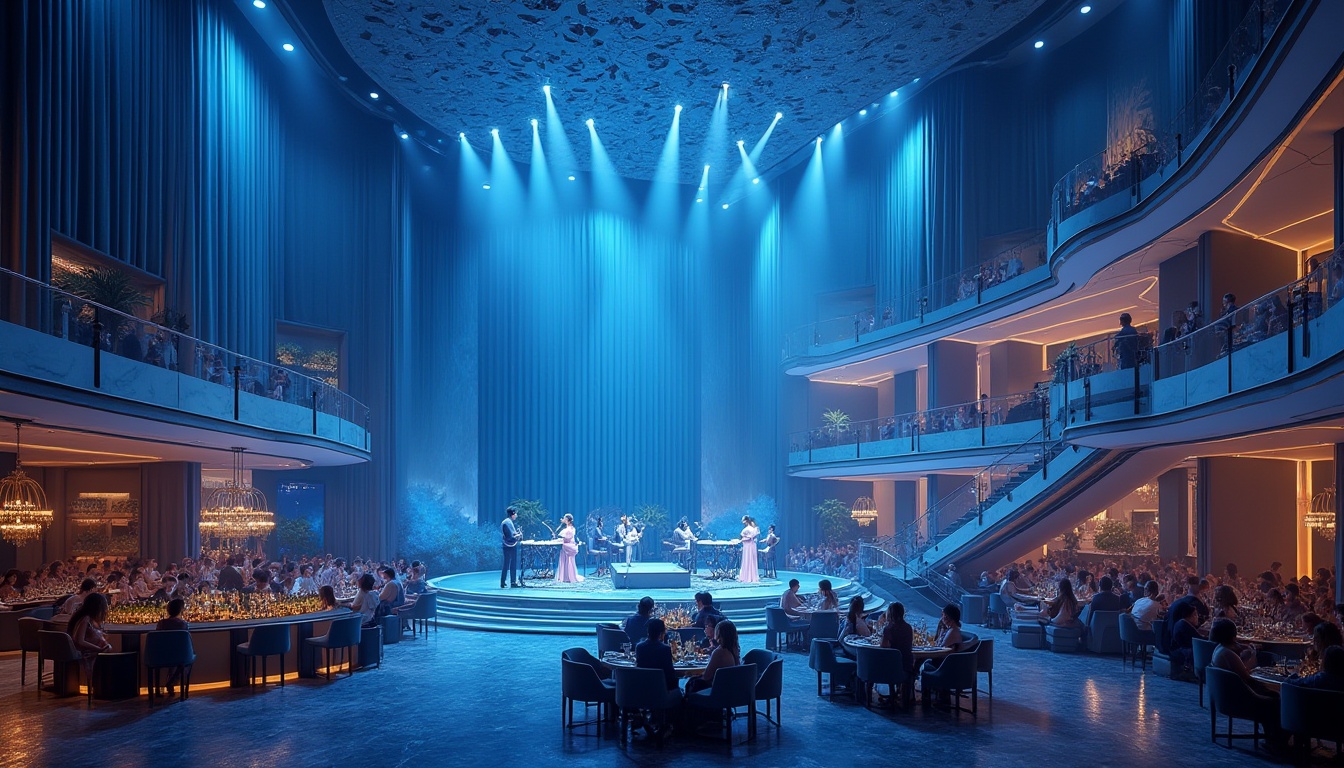 Prompt: Concert house interior design, sky blue accents, modern minimalist style, spotlights shining down, high ceiling, grand staircase, luxurious velvet curtains, shiny marble floors, sleek glass railings, VIP lounge area, champagne and wine bar, live band performance, crowd of stylishly dressed people, elegant atmosphere, soft blue ambient lighting, warm tone wooden furniture, crystal chandeliers, panoramic view of the city skyline.