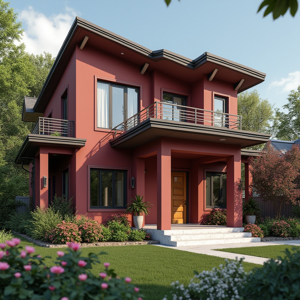 Prompt: maroon color, bold choice, housing exteriors, modern villa, luxurious mansion, suburban residential area, sloping roof, large windows, wooden door, marble porch, lush greenery, vibrant flowers, sunny afternoon, warm lighting, soft shadows, 3/4 composition, realistic texture, depth of field.