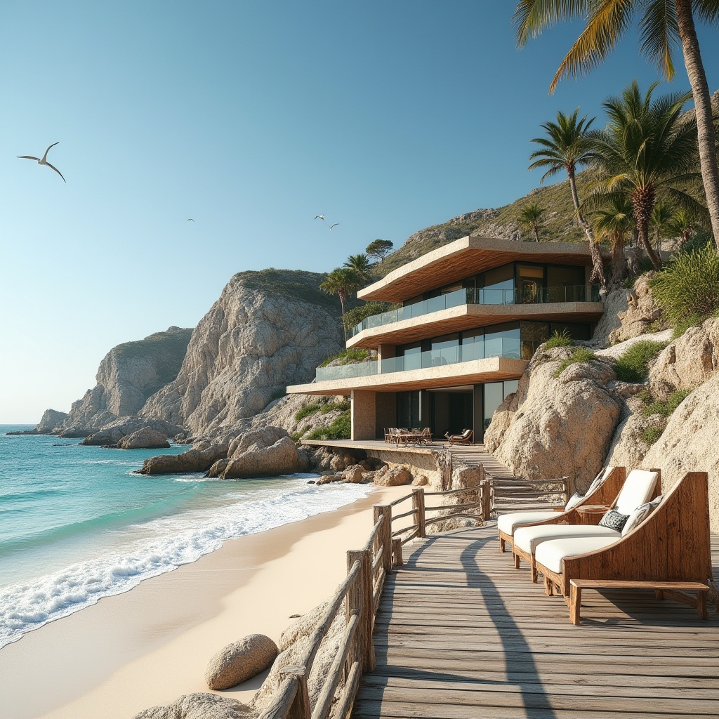 Prompt: Coastal architecture, beach house, modern villa, sandstone exterior walls, natural texture, rough surface, earthy color, waves crashing, seagulls flying, sunny day, clear blue sky, palm trees swaying, beach chairs, wooden deck, rustic railings, driftwood decorations, ocean breeze, salty air, warm lighting, soft focus.