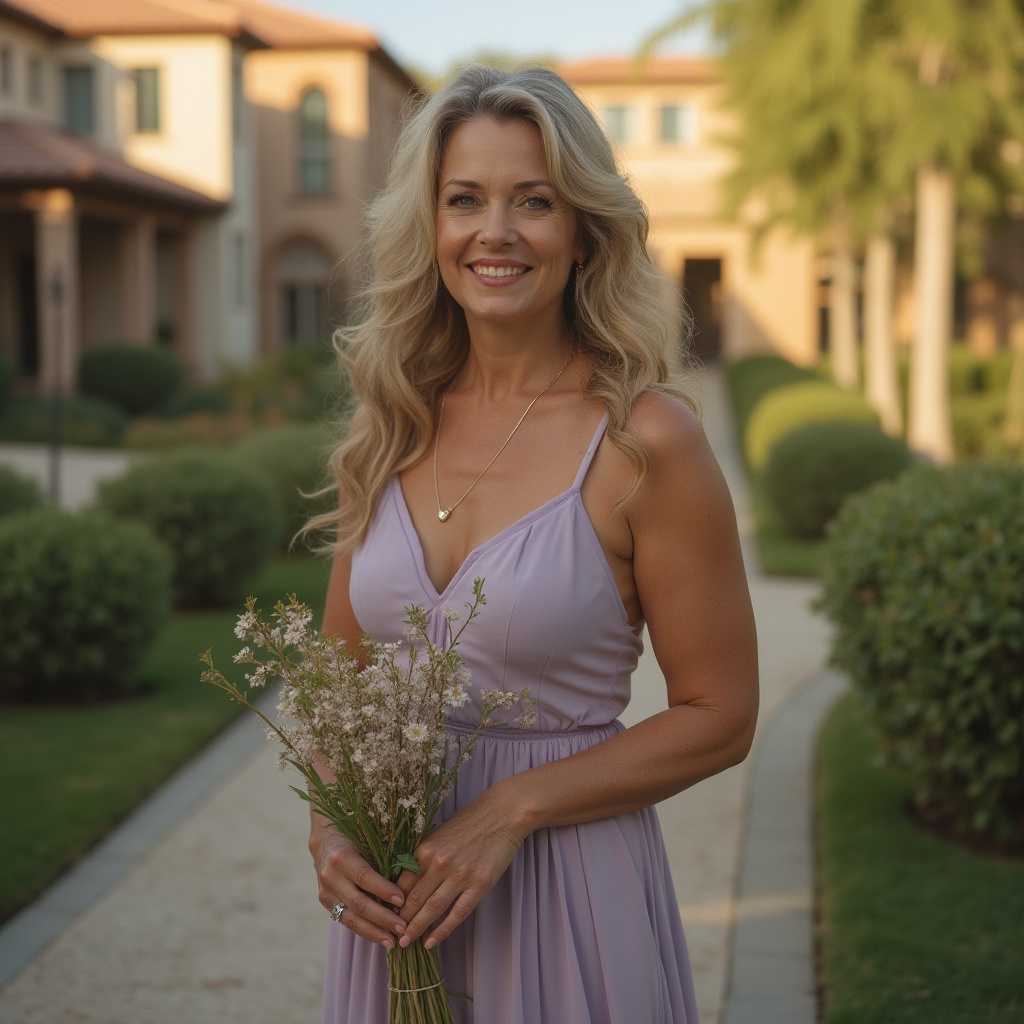 Prompt: Mature lady, standing, periwinkle dress, long curly hair, subtle makeup, gentle smile, elegant posture, holding a delicate flower vase, luxurious villa, residential area, warm afternoon sunlight, soft shadows, 3/4 composition, shallow depth of field, realistic, cinematic lighting, HDR.