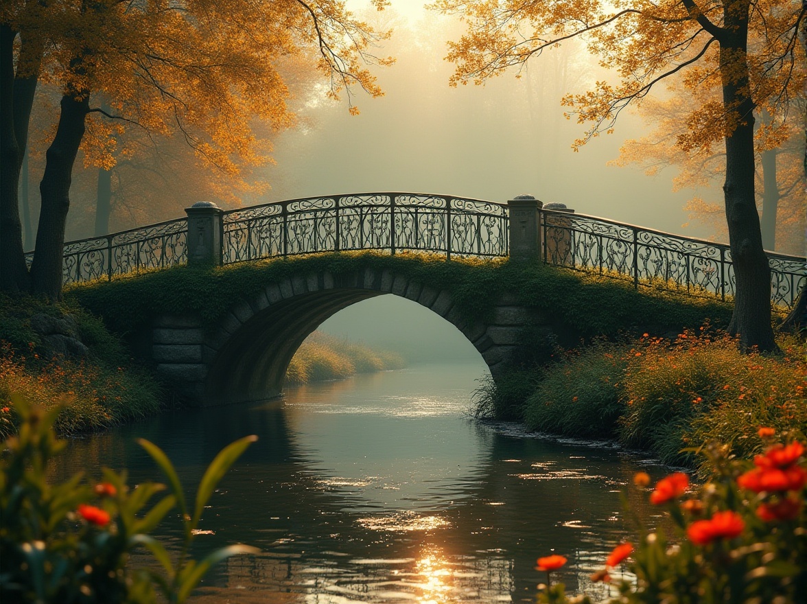 Prompt: Olive green bridge, curved lines, elegant arches, ornate iron railings, moss-covered stone foundation, serene river flowing beneath, lush greenery surrounding, misty morning atmosphere, warm golden lighting, cinematic composition, 3/4 view, detailed textures, realistic reflections on water surface, autumn foliage in background, vibrant flowers blooming along riverside.