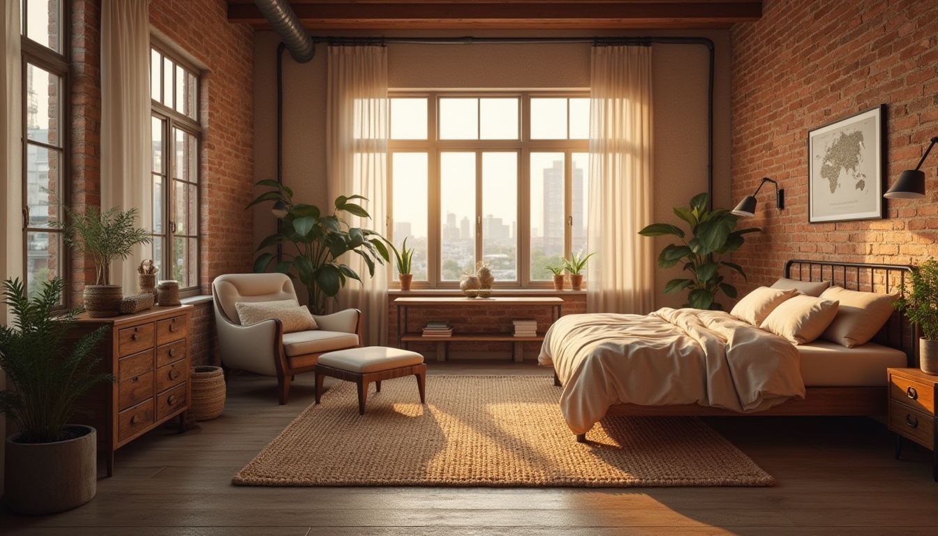 Prompt: Industrial dorm, Sienna color scheme, warm beige walls, wooden accents, metal pipes, exposed brick, minimalist decor, cozy atmosphere, soft warm lighting, comfortable bedding, pillows in earthy tones, rustic wooden furniture, metal frames, natural textiles, woven baskets, potted plants, greenery, modern industrial architecture, urban setting, cityscape view, sunny day, gentle shadows, 3/4 composition, cinematic mood.