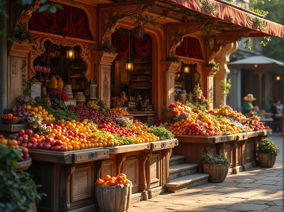 Prompt: Market stall, ornate Baroque architecture, grandeur atmosphere, intricate carvings, golden accents, luxurious fabrics, lavish decorations, abundant fruits, vibrant flowers, rustic wooden crates, vintage lanterns, soft warm lighting, shallow depth of field, 3/4 composition, Renaissance-inspired, European market, afternoon sun, warm colors, ornate details, dramatic shadows.