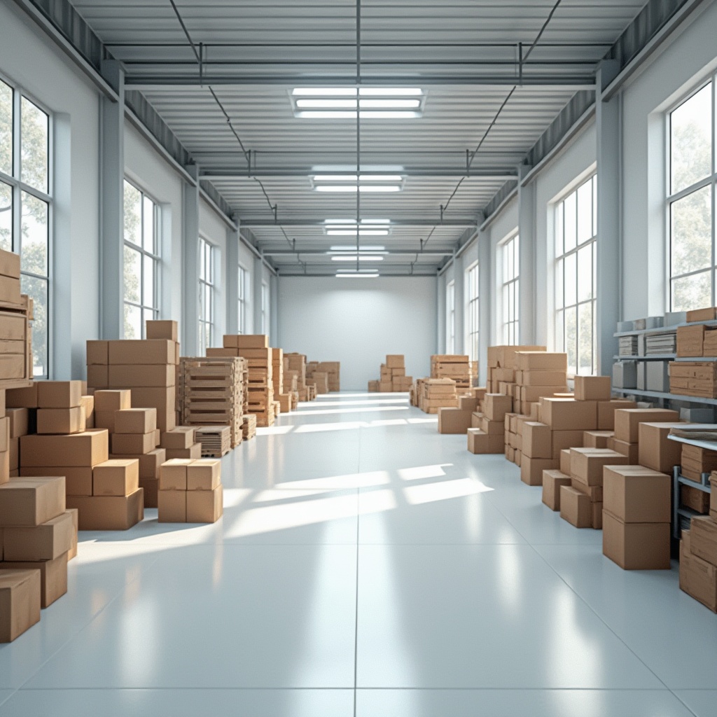 Prompt: Modern distribution center interior, white walls, high ceilings, clean floors, organized shelves, stacks of cardboard boxes, metal racks, bright fluorescent lights, minimal decorations, industrial atmosphere, 3/4 composition, soft lighting, ambient occlusion, photorealistic rendering, subtle texture details, reflective surfaces.