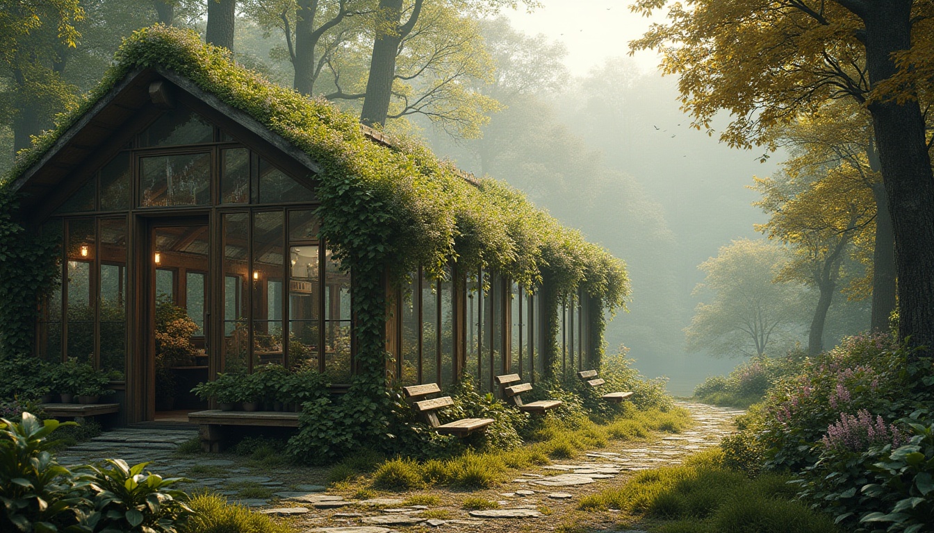 Prompt: Sustainable greenhouse, harmonious integration, forest landscape, lush trees, vines crawling up walls, blooming flowers, moss-covered roof, wooden structure, transparent glass panels, natural lighting, soft mist, morning dew, serene atmosphere, 3/4 composition, warm color tone, cinematic depth of field, panoramic view, gentle slope, winding stone path, rustic wooden benches, surrounding wildlife, birds flying overhead.