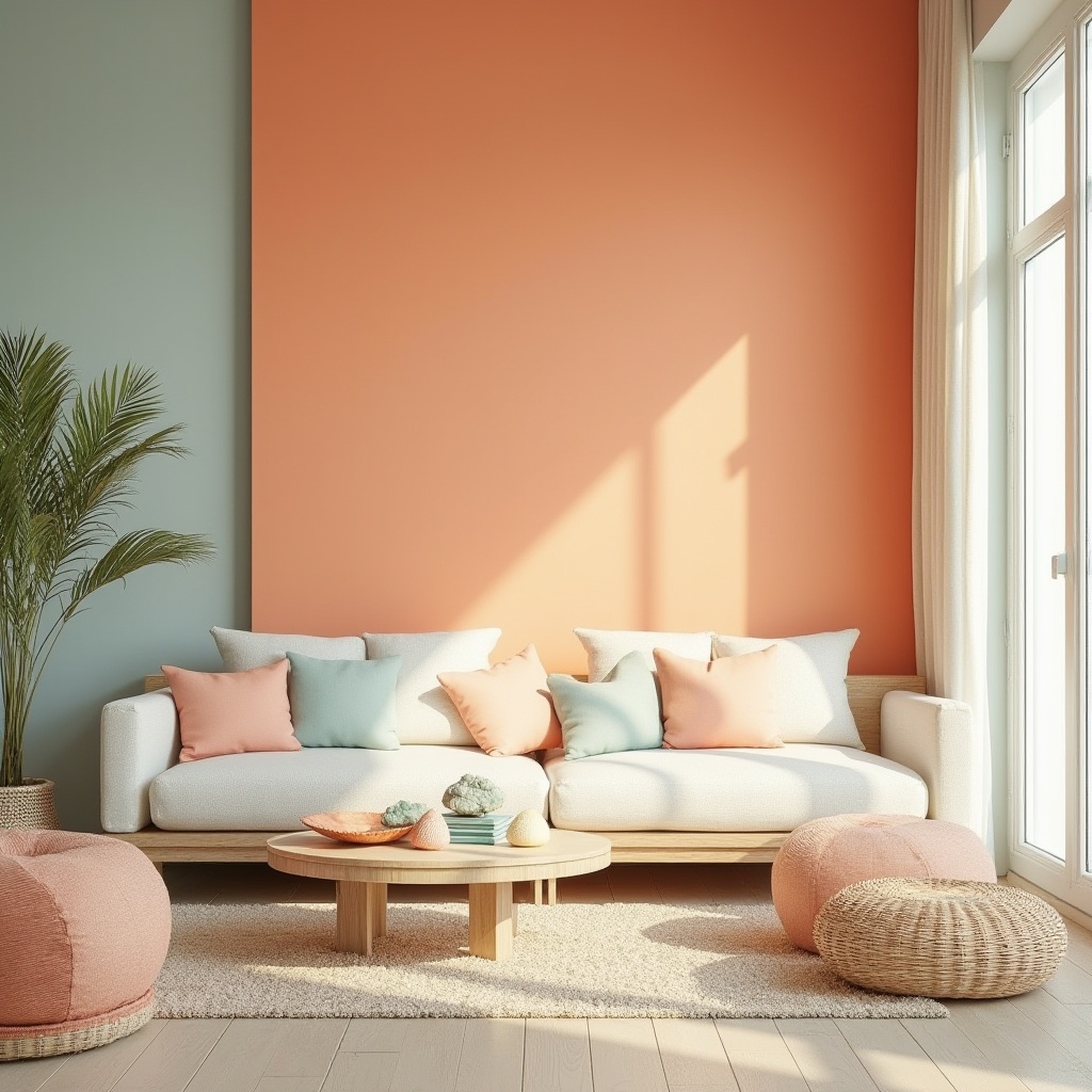 Prompt: Tangerine accent wall, beach modernism, pastel blue, creamy white, sandy beige, coral pink, minty fresh, natural wood texture, woven rattan furniture, seashell decorations, driftwood sculptures, ocean view, sunny day, soft warm lighting, 3/4 composition, shallow depth of field, vibrant color palette, refreshing atmosphere.