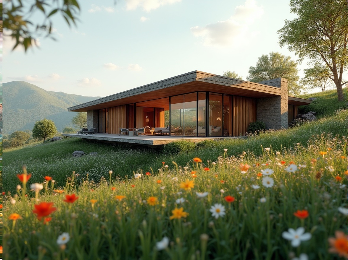 Prompt: Modern villa, integrating architecture with nature, surrounded by lush green meadows, vibrant wildflowers blooming in every color, gentle hills, serene atmosphere, large glass windows, wooden accents, minimalist interior design, natural stone walls, sloping roof, panoramic view, 3/4 composition, warm soft lighting, realistic textures, cinematic ambiance.