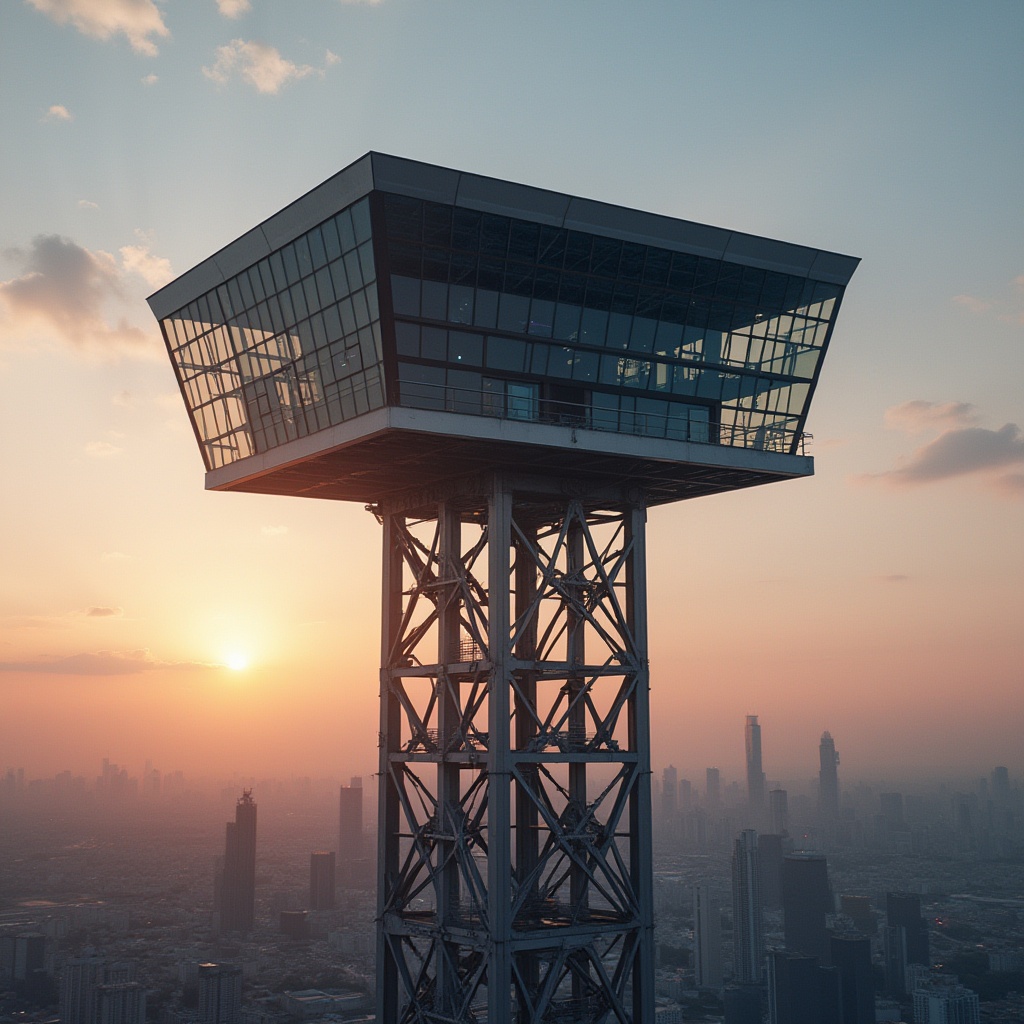 Prompt: Watching tower, modern architecture, steel-framed structure, sleek lines, minimalist aesthetic, reflective glass façade, silver metallic finish, strong angular pillars, cantilevered roof, 360-degree panoramic view, cityscape background, sunset ambiance, warm orange lighting, dramatic shadows, low-angle shot, cinematic composition.