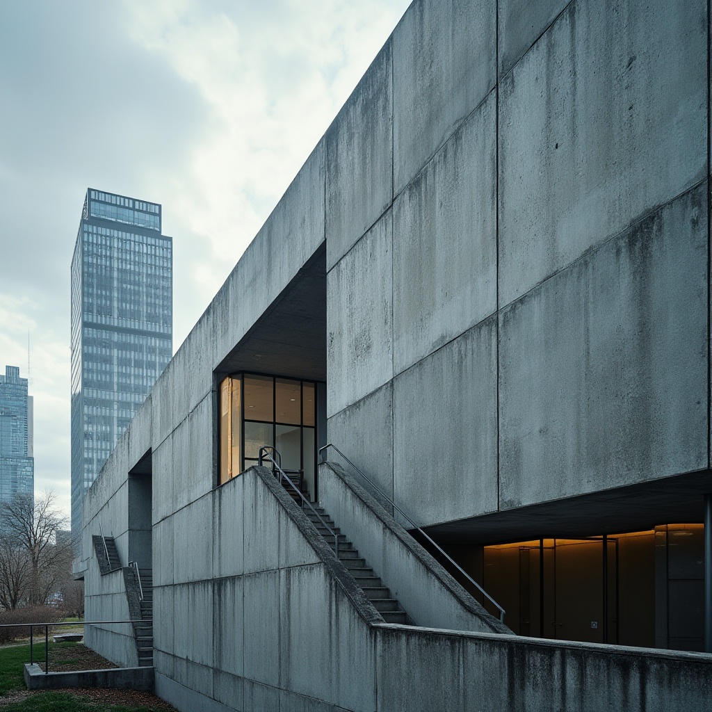 Prompt: Modern architecture, Gainsboro color, building facade, exterior wall, concrete material, rough texture, brutalist style, urban cityscape, skyscraper background, cloudy sky, natural light, 3/4 composition, low-angle shot, dramatic shadows, high contrast, cinematic mood.