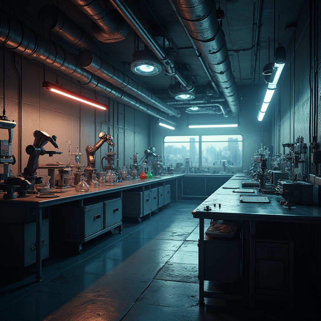 Prompt: Laboratory constructivism style, futuristic sci-fi setting, dimly lit room with neon lights, stainless steel tables, various scientific equipment, beakers, test tubes, microscopes, robotic arms, futuristic machinery, pipes on ceiling, industrial concrete walls, minimalist decor, subtle steam effects, warm color tone, 3/4 composition, cinematic lighting, shallow depth of field, macro photography, detailed textures, metallic materials.