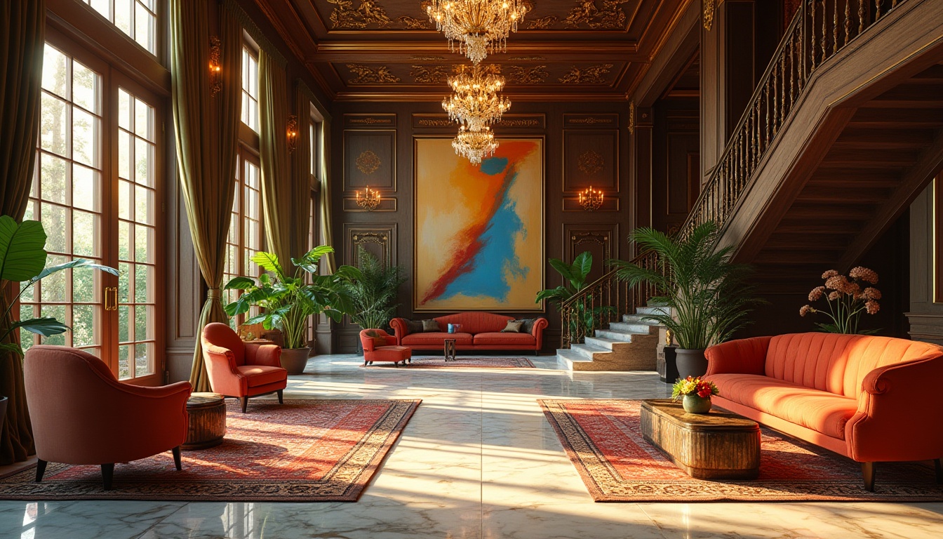 Prompt: Luxury hotel lobby, eclectic mix, modern Victorian furniture, ornate chandeliers, bold colorful artwork, lush greenery, marble flooring, grand staircase, intricate moldings, lavish drapery, warm golden lighting, vibrant atmosphere, 3/4 composition, shallow depth of field, warm ambient light, cinematic mood, morning sunbeam.