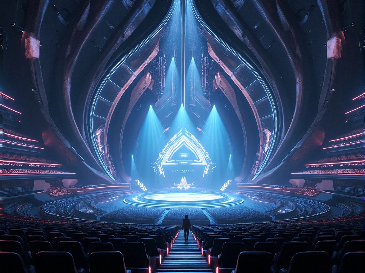 Prompt: Futuristic auditorium, fusion architecture, grand entrance, sweeping curves, metallic materials, neon lights, holographic projections, circular stage, tiered seating, majestic chandeliers, intricate sound systems, avant-garde design, urban cityscape, nighttime, misty atmosphere, dramatic spotlights, cinematic composition, low-angle shot, symmetrical framing.