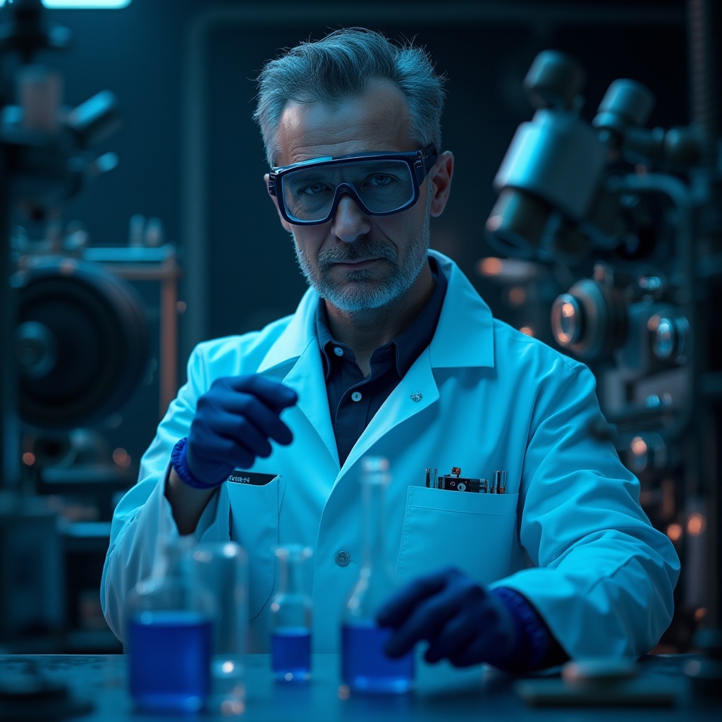 Prompt: Dark blue pigment, Prussian blue, laboratory setting, scientist, goggles, lab coat, gloves, test tubes, beakers, microscopes, innovative equipment, futuristic machines, steampunk details, industrial background, metallic texture, intricate mechanisms, dim soft lighting, close-up composition, shallow depth of field, realistic render.