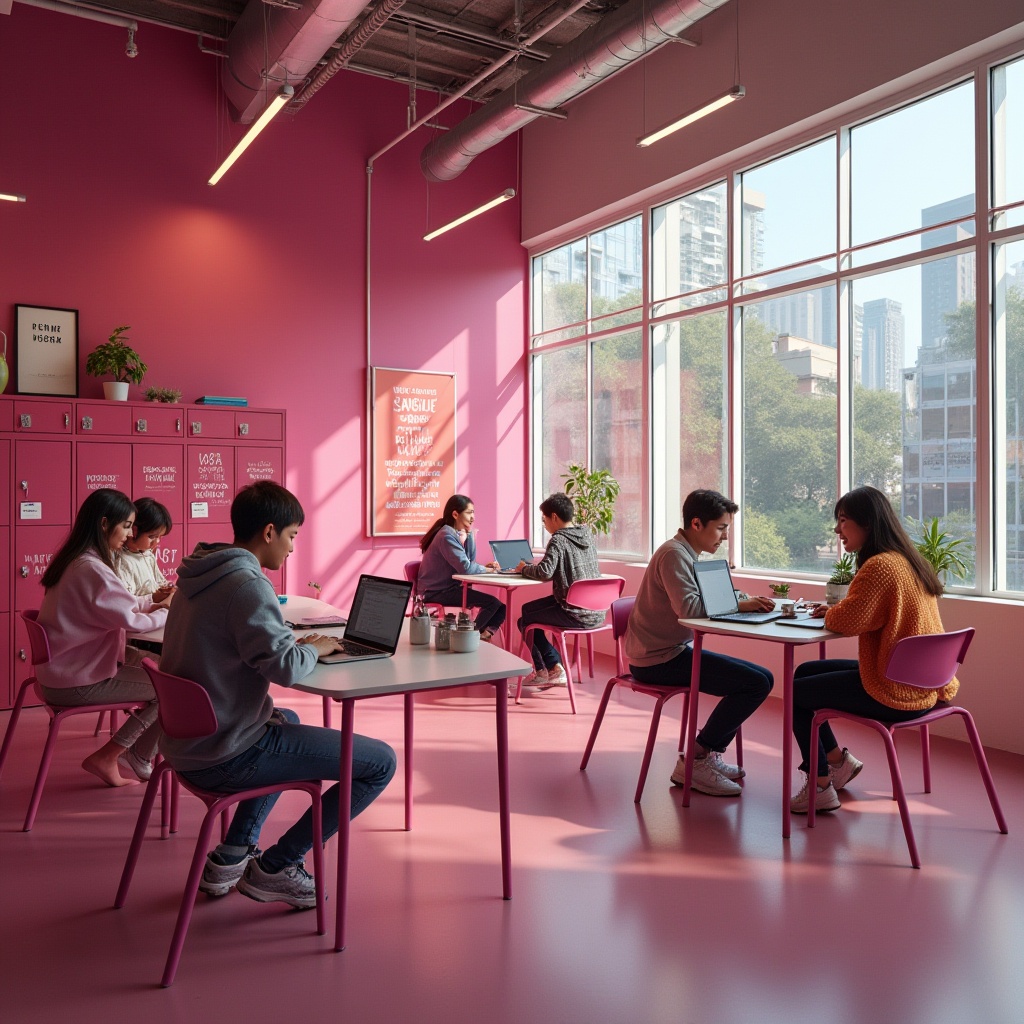 Prompt: Magenta accent wall, educational institution interior, vibrant colorful atmosphere, modern minimalist furniture, sleek lines, geometric shapes, students sitting at tables with laptops open, smiling faces, casual wear, jeans and hoodies, bright magenta lockers, inspirational quotes on walls, motivational posters, green plants on shelves, natural light pouring through large windows, panoramic view of urban landscape outside, 3/4 composition, warm softbox lighting, shallow depth of field.