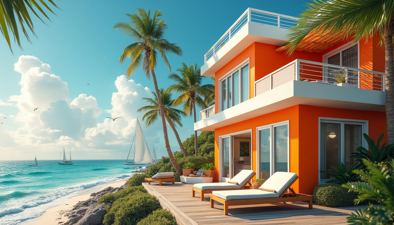 Prompt: Coastal home, exterior, Tangerine color, vibrant, bold, modern architecture, large windows, white trim, palm trees, tropical plants, ocean view, sunny day, clear blue sky, fluffy white clouds, beachside, waves crashing, seagulls flying overhead, wooden deck, outdoor furniture, nautical ropes, sailboats docked nearby, warm ambient lighting, 3/4 composition, soft focus background.