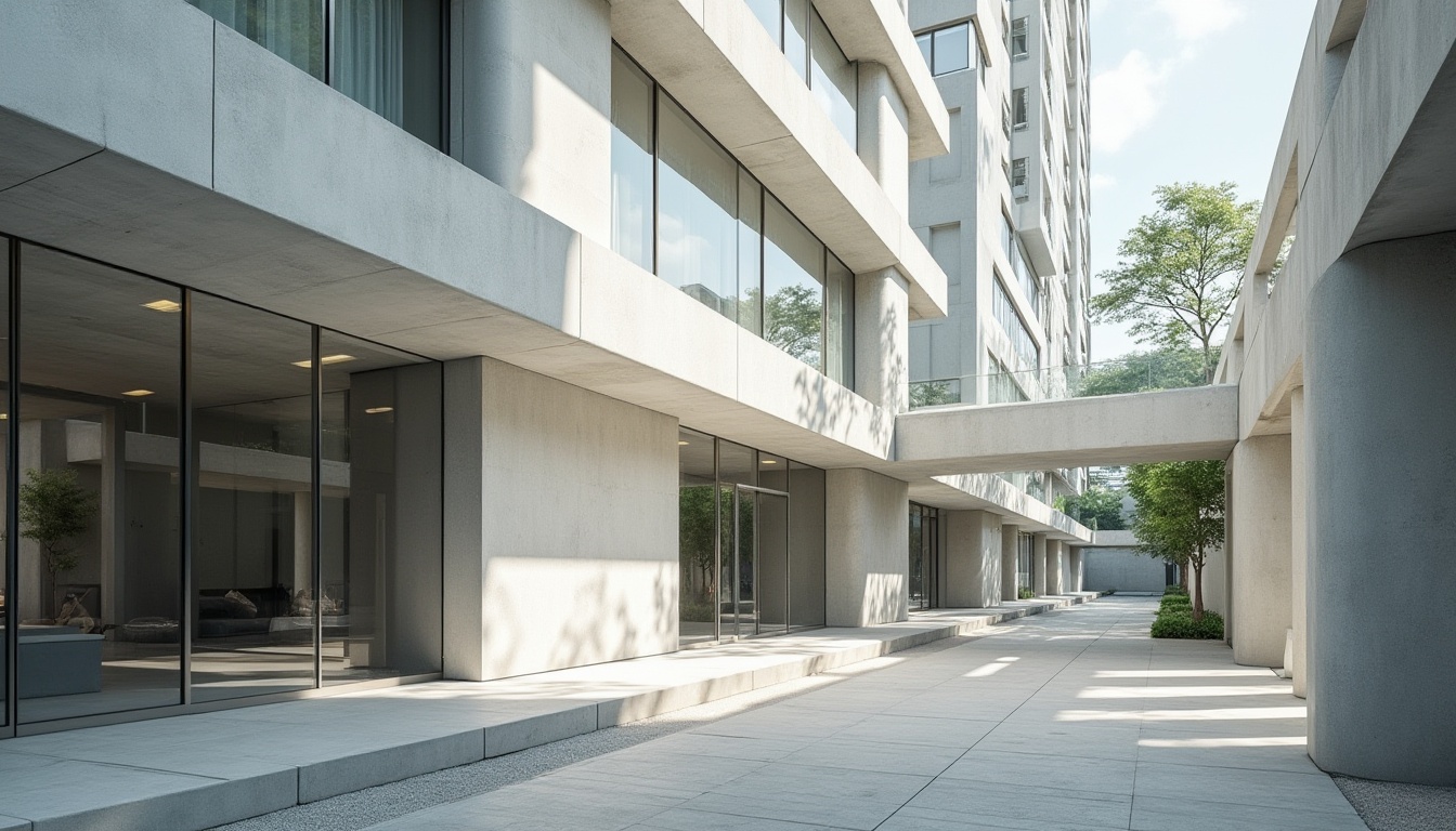 Prompt: Modern building, urban setting, sleek lines, minimalist style, white plastered concrete walls, large glass windows, steel frames, industrial chic, urban jungle, cityscape, geometric shapes, brutalist architecture, natural light pouring in, 3/4 composition, low-angle shot, dramatic shadows, high-contrast lighting.