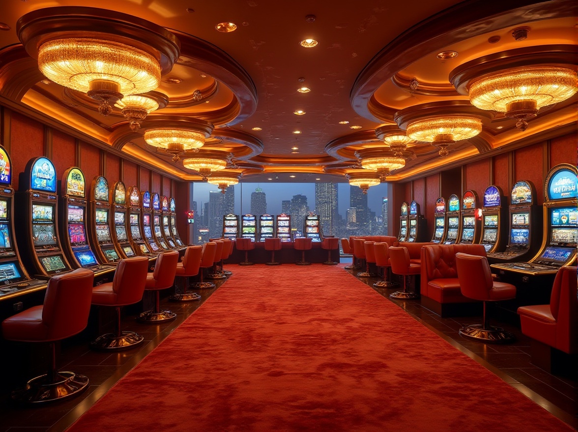 Prompt: Warm amber color palette, high-tech casino interior, luxurious atmosphere, velvet red carpet, golden accents, modern slot machines, crystal chandeliers, shiny marble floors, comfortable leather sofas, elegant wooden tables, warm LED lighting, futuristic ambiance, neon signs, cityscape at night, skyscraper view, 3/4 composition, cinematic lighting.