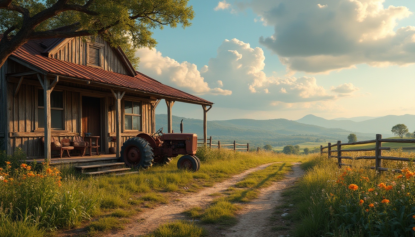 Prompt: Rural landscape, traditional farmhouse, wooden porch, rusty metal roof, vintage tractor, overgrown garden, wildflowers blooming, worn dirt path, old oak tree, afternoon sunlight, warm ambient lighting, soft focus, natural texture, earthy tone, nostalgic atmosphere, peaceful scenery, rolling hills, distant mountains, fluffy white clouds, 3/4 composition, panoramic view.