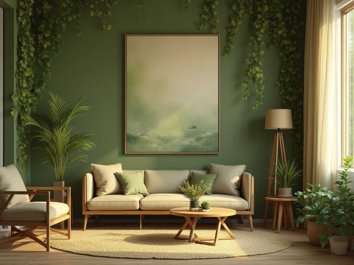 Prompt: Green themed interior design, calm atmosphere, natural elements, plants, vines, wooden furniture, leaf patterned rug, olive green walls, soft cream curtains, golden lighting, warm ambient glow, 3/4 composition, close-up on greenery, shallow depth of field, realistic textures, highly detailed render.