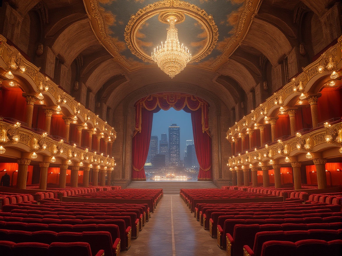 Prompt: Grand opera house, canyon-inspired architecture, majestic stone walls, intricately carved arches, golden accents, ornate chandeliers, red velvet curtains, luxurious interior, sweeping staircases, grand foyer, dramatic lighting, warm ambient glow, evening atmosphere, cityscape backdrop, urban landscape, skyscrapers, misty fog effect.