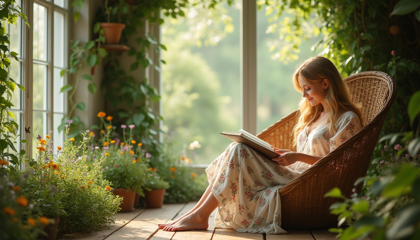 Prompt: Meadow inspirations, indoor garden, natural scenery, greenery surroundings, wooden floor, large windows, sunlight streaming in, vines crawling up walls, lush green grass, colorful wildflowers, butterflies fluttering, lady sitting on a woven basket chair, reading book, gentle smile, wavy blonde hair, flowy white dress, floral pattern, soft focus, warm lighting, 3/4 composition, cozy atmosphere.