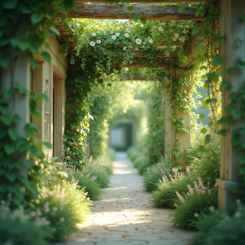 Prompt: Wisteria-inspired, green architecture, lush vines, pastel green walls, ivy-covered columns, delicate flowers, soft petals, gentle curves, natural materials, earthy tones, mossy accents, wooden beams, rustic textures, whimsical details, airy atmosphere, soft sunlight filtering through leaves, serene ambiance, peaceful surroundings, natural harmony, blurred background, bokeh effect, warm color temperature, filmic texture.