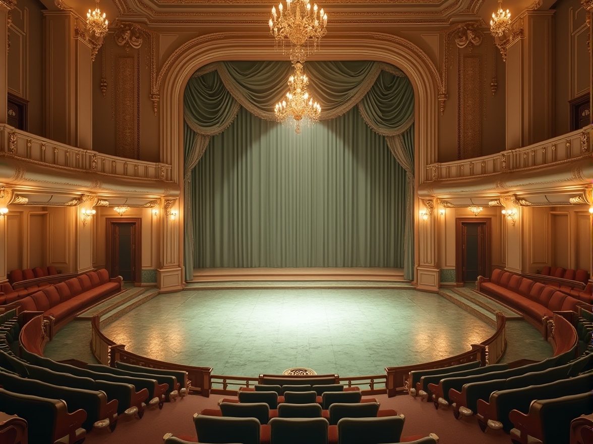 Prompt: Concert house, grand stage, mint color tiles, elegant curved staircases, luxurious velvet curtains, ornate golden chandeliers, polished wooden floors, cream-colored walls, subtle ambient lighting, dramatic spotlights, evening atmosphere, empty seats awaiting audience, tranquil atmosphere before performance, soft focus, warm color palette, symmetrical composition.