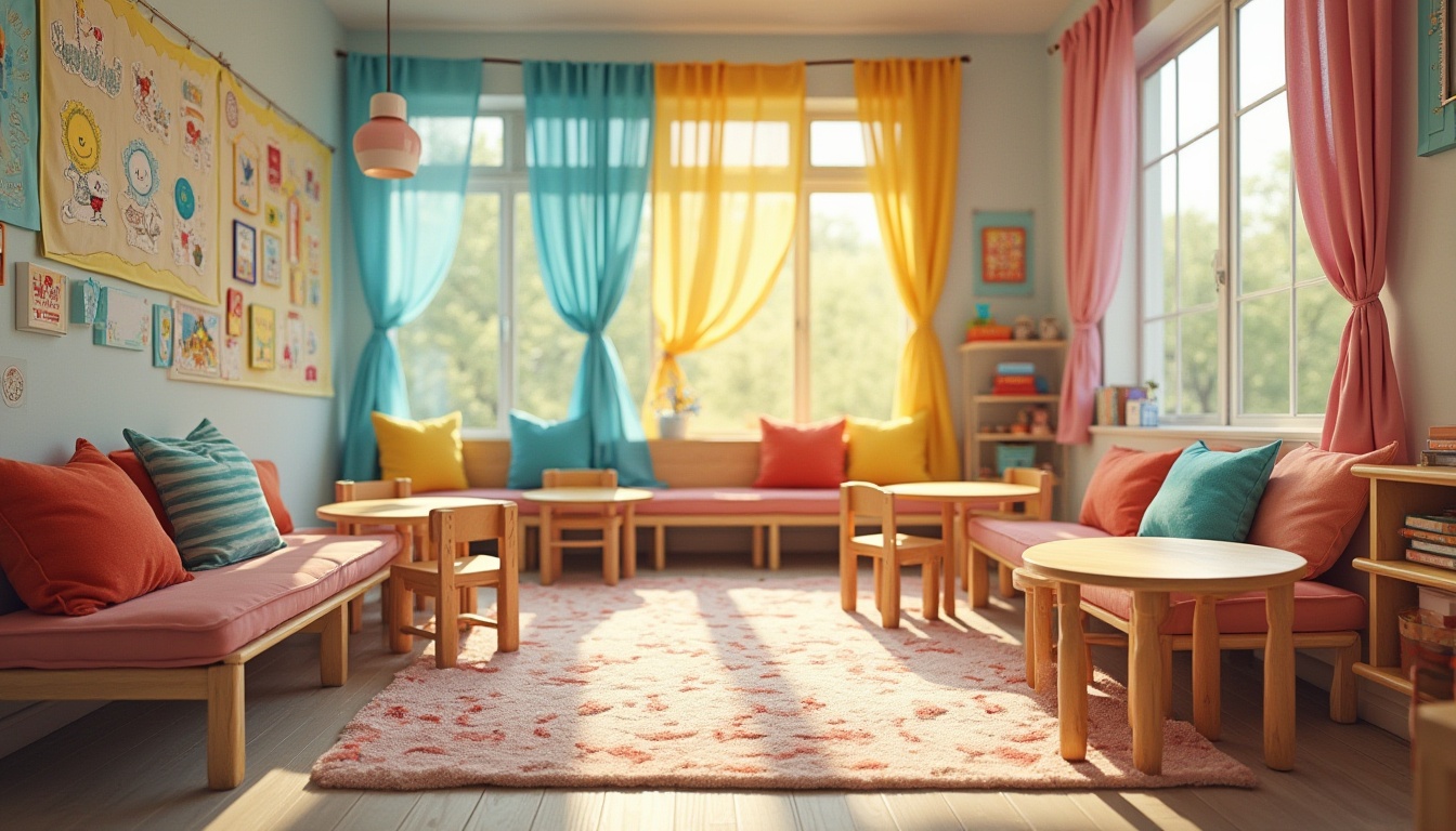 Prompt: Colorful kindergarten classroom, various fabrics textures, cotton curtains with cartoon characters, velvet pillows in reading nook, soft carpet with ABC patterns, wooden tables with rounded edges, tiny chairs with cushions, fabric wall hangings with nursery rhymes, cozy corner with plush toys, natural light pouring through large windows, warm atmosphere, 3/4 composition, shallow depth of field, vibrant colors, realistic materials.