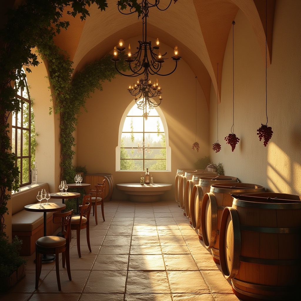 Prompt: Wineries, warm atmosphere, inviting ambiance, cream color walls, wooden barrels, dim soft lighting, rustic decor, vines entwined pillars, grape bunches hanging, wine glasses on tables, lazy afternoon, sunbeams through windows, golden hour, comfortable seating areas, stone floors, earthy tones, natural textures, intimate setting, relaxed mood.