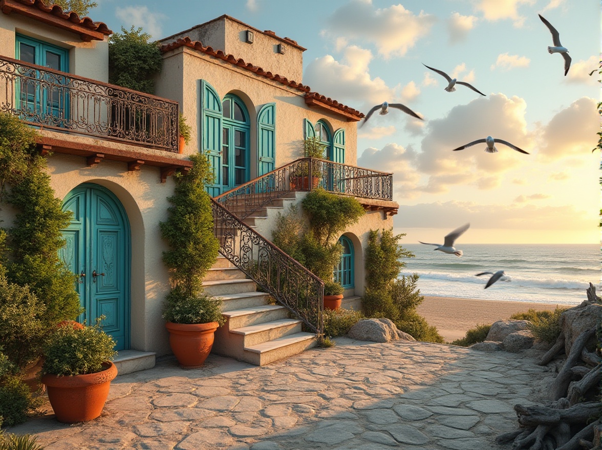 Prompt: Coastal Romanesque architecture, incorporating corrugated metal elements, seaside villa, Mediterranean style, cream-colored stone walls, turquoise windows, rusty corrugated metal roof, weathered wooden doors, ornate ironwork balconies, lush greenery overflowing from terracotta pots, winding staircases, oceanview, golden hour lighting, dramatic clouds, seagulls flying overhead, warm sandy beach in the distance, driftwood sculptures, natural textures, earthy tones.