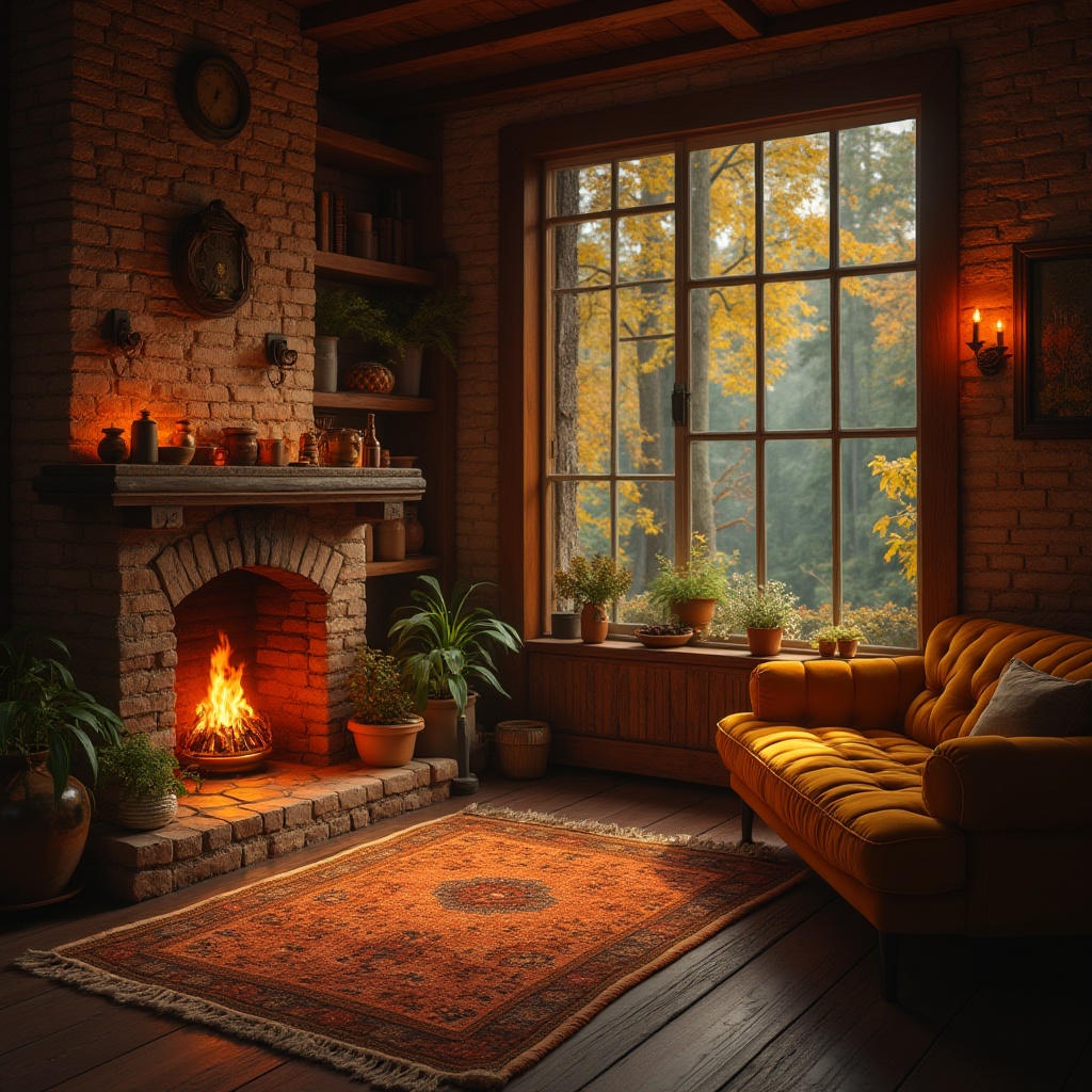 Prompt: Warm, cozy atmosphere, Ocher color palette, soft golden lighting, rustic wooden cabin, plush velvet sofa, crackling fireplace, richly textured rug, vintage decorative items, warm-toned brick wall, lush greenery, autumnal foliage, misty forest surroundings, 3/4 composition, shallow depth of field, cinematic ambiance, inviting warmth.