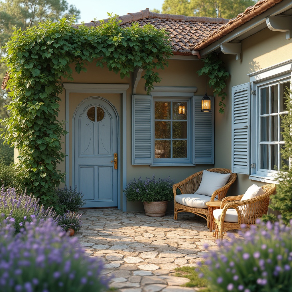 Prompt: Villa, periwinkle walls, white windows, sloping roof, lush green vines crawling up the facade, intricate wooden door, brass doorknob, cozy porch with wicker furniture, soft cushions, warm lanterns, flower beds surrounding the house, blooming lavender and chamomile, sunny afternoon, gentle breeze, soft focus, warm lighting, 3/4 composition, panoramic view, serene atmosphere.